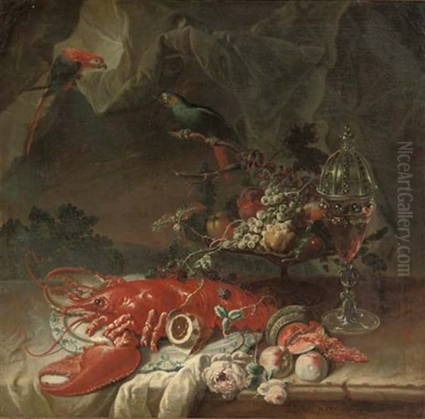 A Lobster On A Porcelain Platter, A Tazza With Fruit And A Covered Glass Of Red Wine, All On A Partially Draped Stone Ledge - view 1