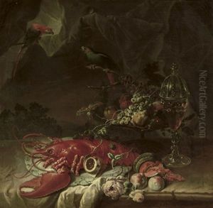 A Lobster On A Porcelain Platter, A Tazza With Fruit And A Covered Glass Of Red Wine, All On A Partially Draped Stone Ledge Before A Curtain With Two Parrots A Lobster On A Porcelain Platter, A Tazza With Fruit And A Covered Glass Of Red Wine, All On A Partially Draped Stone Ledge Before A Curtain With Two Parrots