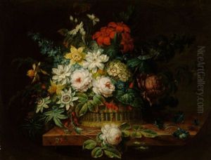 Ein Blumenstraus Von Rosen Und Anderen Bluten In Einem Korb