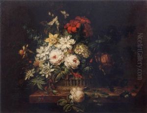Roses, Narcissi, Passion Flowers, Delphiniums And Other Flowers In A Basket On A Stone Ledge by Johann Martin Metz