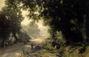 Gebirgsstrasse Mit Bauernfamilie Im Schatten Von Baumen