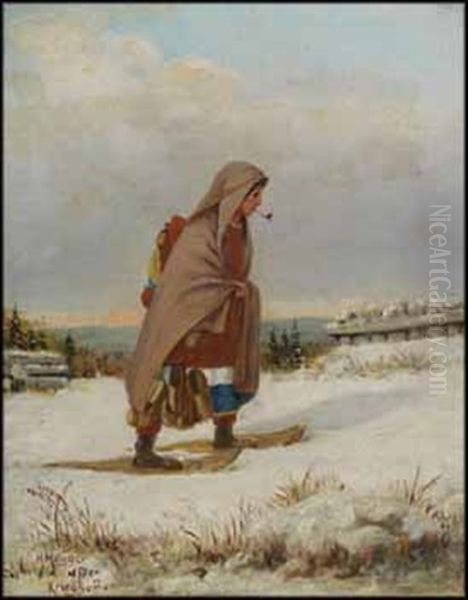 Indian Woman On Snowshoes With Pipe - view 1