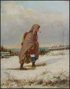 Indian Woman On Snowshoes With Pipe by Henry Metzger