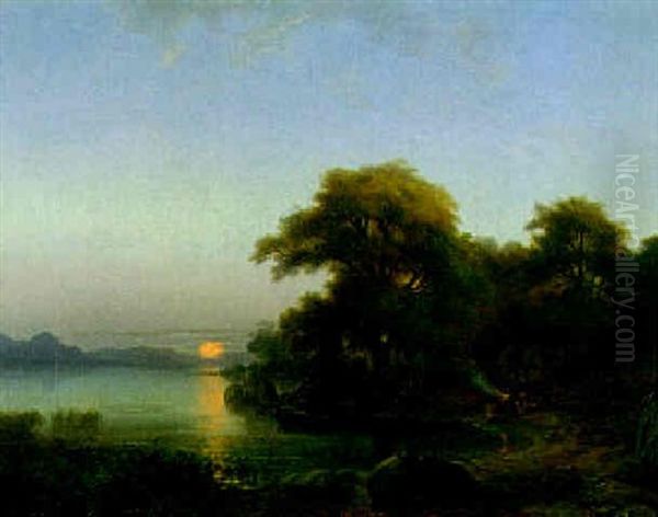 Seelandschaft Im Mondschein Mit Personen An Einem Feuer - view 1