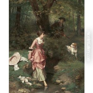 A Young Beauty Crossing A Brook, A Hunter Beyond by Emile Pierre Metzmacher