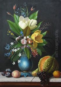 Still Life Of Flowers In A Vase And Fruit On A Marble Ledge