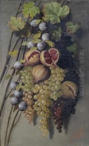 Stilleben Mit Weintrauben Und Pfirsichen (+ Stilleben Mit Weintrauben, Pflaumen Und Granatapfeln, Laid On Cardboard; Pair)