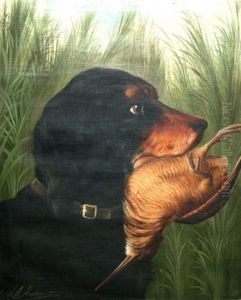 Game Dog Retrieving Fowl (+ Another; Pair) by Michelangelo Meucci