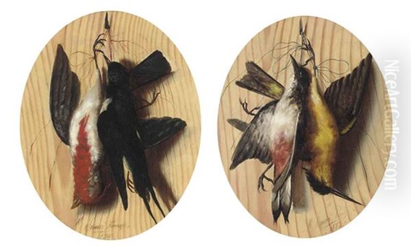 A Trompe L'oeil With Two Songbirds Hanging From A Nail (+ Another; Pair) - view 1