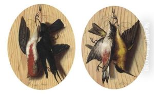 A Trompe L'oeil With Two Songbirds Hanging From A Nail (+ Another; Pair) by Michelangelo Meucci