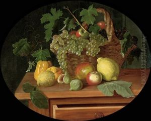 A Basket Of Apples And Grapes Surrounded By Peppers, Lemons, A Pomegranate And Figs On A Table