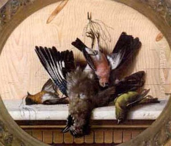 Trompe L'oil Nature Morte Of Four Birds Upon A Marble Mantel - view 1