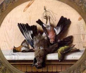 Trompe L'oil Nature Morte Of Four Birds Upon A Marble Mantel Trompe L'oil Nature Morte Of Four Birds Upon A Marble Mantel