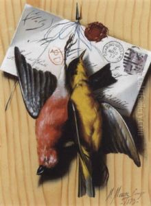 A Still Life With Songbirds And A Letter by Michelangelo Meucci