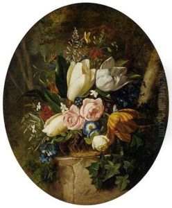 Tulips, Roses, Magnolias, Lilies, Pelargoniums, Convulvulous, Forget-me-nots And Other Summer Flowers In A Basket On A Plinth In A Forest by Michelangelo Meucci