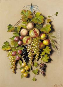 Grapes On The Vine, Plums, Peaches And Pomegranates Hanging by Michelangelo Meucci