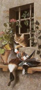 Katze Hinterm Fenster Stibitzt Erlegte Vogel by Michelangelo Meucci