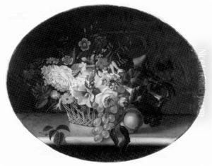 Flowers And Fruit In A Wicker Basket Resting On A Ledge Flowers And Fruit In A Wicker Basket Resting On A Ledge