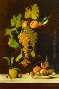 Grapes, Plums With A Pear, A Dish Of Peaches And A Pomegranate With Birds On A Ledge
