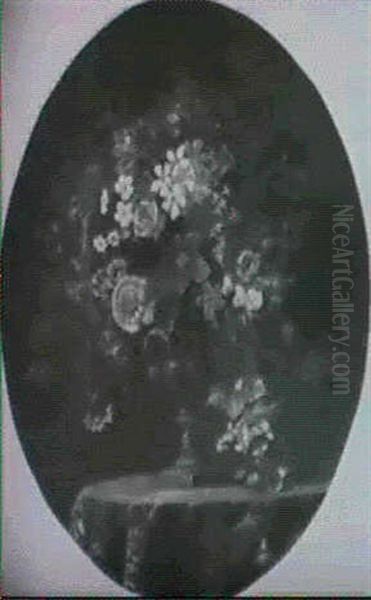 Roses, Jasmine, Frangipani, Lilies, Morning Glory And Other Summer Flowers In An Urn On A Table - view 1