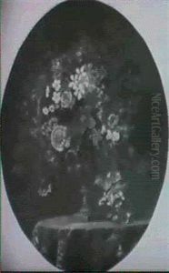 Roses, Jasmine, Frangipani, Lilies, Morning Glory And Other Summer Flowers In An Urn On A Table