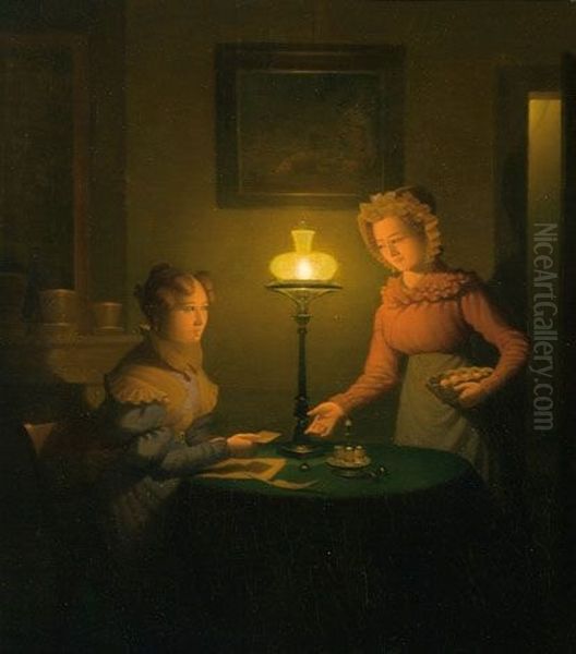 A Lady And A Maid By The Light Of An Oil Lamp - view 1