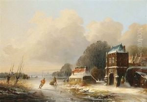 A Winterlandscape With Skaters On A Frozen River by Abraham Adrianus ver Meulen