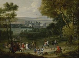 A View Of The Chateau De Vincennes With Louis Xiv Preparing To Leave For The Hunt by Adam Frans van der Meulen