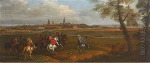 Riders Approaching A River, A View Of Calais Beyond by Adam Frans van der Meulen