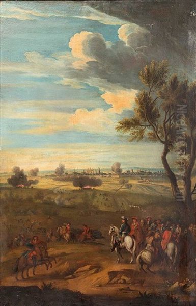 A Military Commander, Generals And Other Officers, Observing A Battle From A Hillside And A Fortified City Beyond - view 1