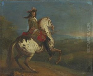 Portrait Of King Louis Xiv Mounted On A Charger Before The Town Of Charleroi by Adam Frans van der Meulen