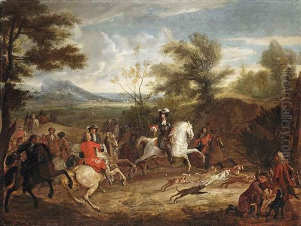 An Elegant Hunting Party And Their Dogs Following A Trail - view 1