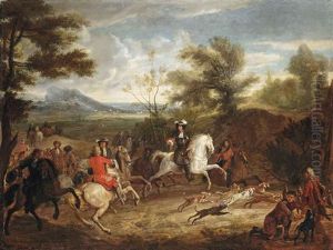 An Elegant Hunting Party And Their Dogs Following A Trail