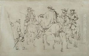 Etude Pour La Tapisserie De La Prise De Dole; Louis Xiv, Le Prince De Conde, Le Duc D'enghien Et Le Duc De Roquelaure (study) by Adam Frans van der Meulen