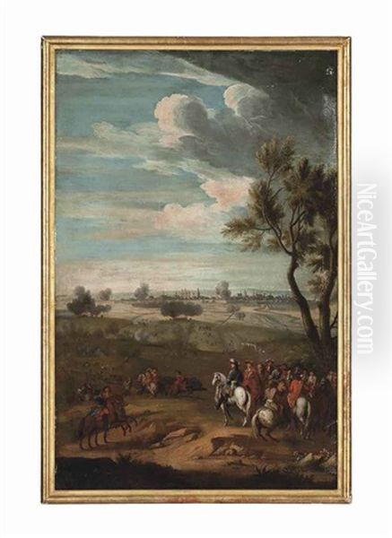 A Military Commander And Generals Observing A Battle, A Fortified City Beyond - view 1