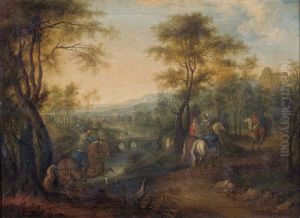 Elegantly Dressed Figures On Horseback In A Wooded Landscape Being Attacked By A Bandit
