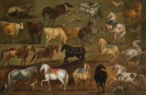 Horses, Cows And Dogs (study) by Adam Frans van der Meulen