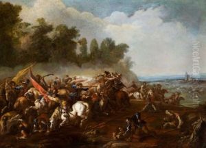 Cavalry Skirmish In An Extensive Landscape With Village In The Distance by Adam Frans van der Meulen