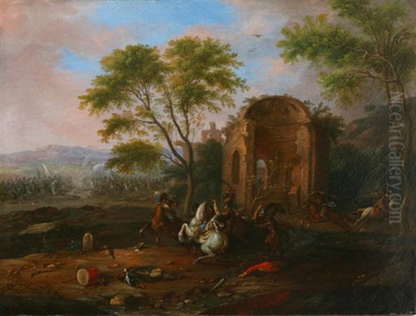 Reitergefecht Vor Einer Ruine Unter Baumen - view 1