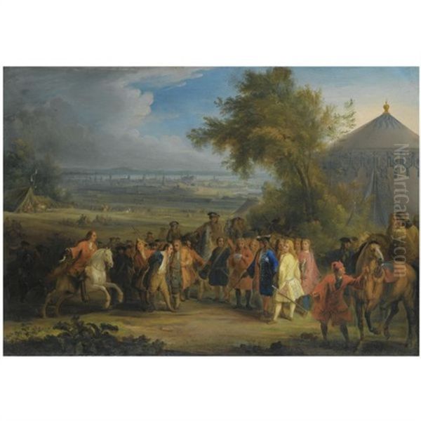 An Extensive Landscape With Louis Xiv Of France Being Presented With A Prisoner Of War In The Foreground, A Battle Beyond - view 1