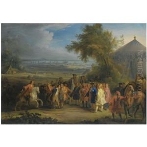 An Extensive Landscape With Louis Xiv Of France Being Presented With A Prisoner Of War In The Foreground, A Battle Beyond