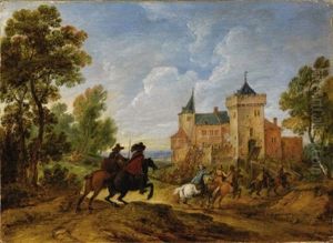 Horsemen In A Landscape (near Dinan?) by Adam Frans van der Meulen