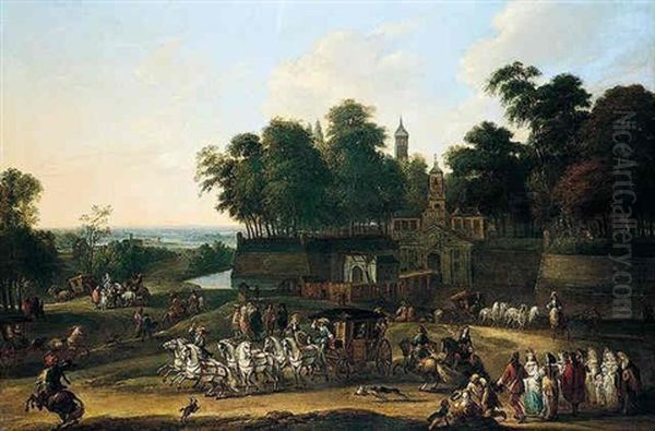 A Landscape With Noblemen In Their Carriages And Other Elegant Figures Before A Moated Town - view 1