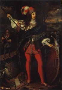 Ritratto Di Gentiluomo In Veste Ricamata, Manto Di Brocatto Rosso, Capello Piumato, Con Armi Da Parata