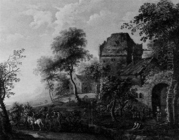 Landschaft Mit Befestigungsanlage Und Pferdefuhrwerk - view 1