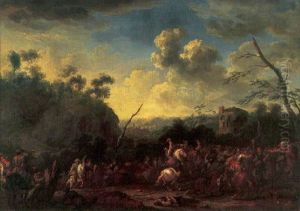 A Cavalry Skirmish In An Italianate Landscape With A Town Beyond by Adam Frans van der Meulen