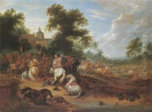 A Landscape With A Cavalry Skirmish by Adam Frans van der Meulen