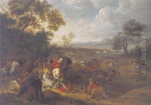 A Calvalry Battle In A River Landscape by Adam Frans van der Meulen