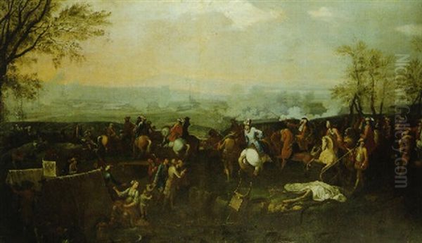 Cavalry Officers Watching A Battle From An Encampment On A Hill - view 1