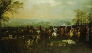 Cavalry Officers Watching A Battle From An Encampment On A Hill by Adam Frans van der Meulen